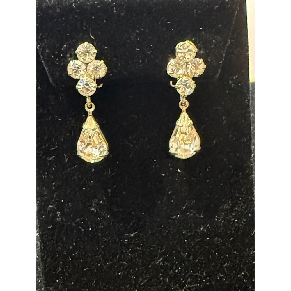 Vintage Sphinx Clear Crystal Teardrop Drop Clip On Earrings Silver Tone 1.25in